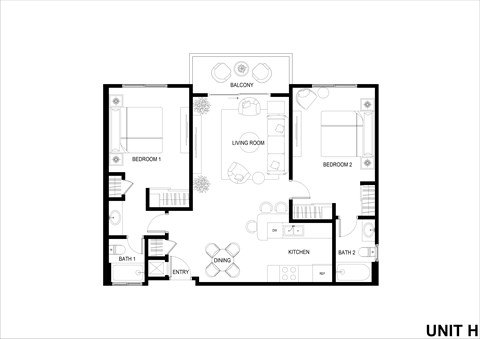 Floor plan for 2 beds, 2 baths, 884 sqft